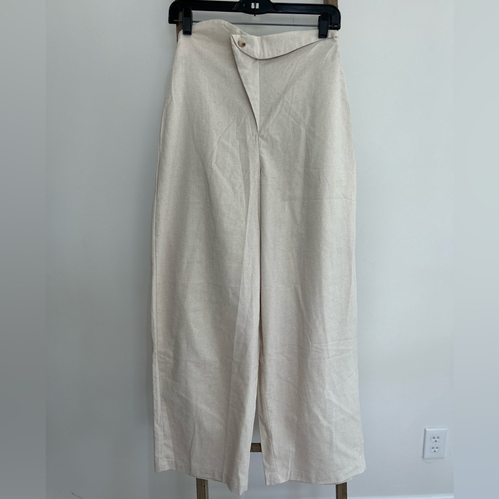 Micas Beige Linen Button Asymmetrical Ruched Barrel Pants Women Size S NWT Chic